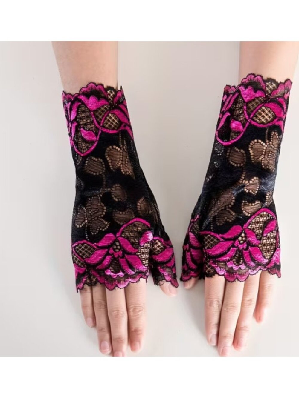 Elegant Black&Rose Red Floral Lace Fingerless Gloves Sexy Sheer Mesh Half-Finger